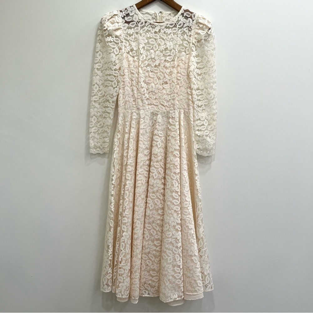 Vintage Cachet by Bari Protas Ivory Lace Midi Dress Wedding Romantic Long Sleeve